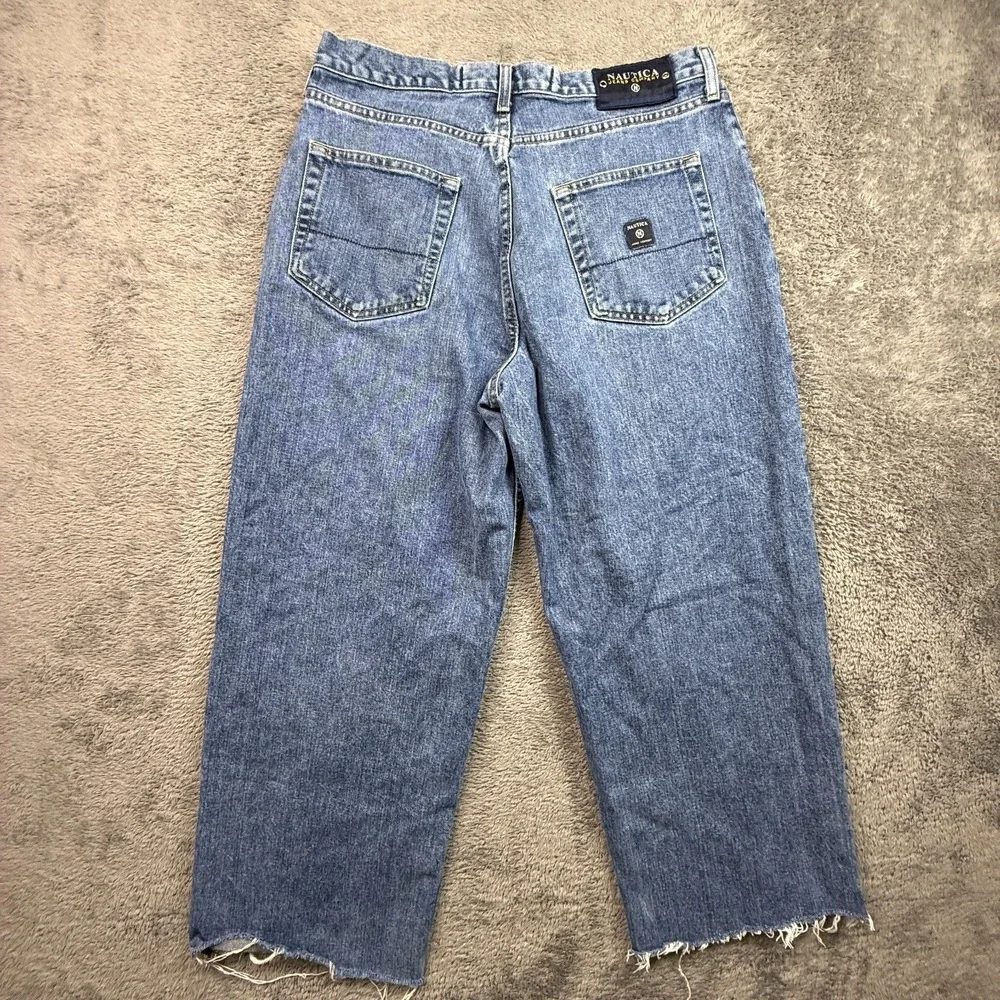 Y2K Nautica Jeans Mens 34 Baggy Cropped Distressed Blue Denim 100% Cotton